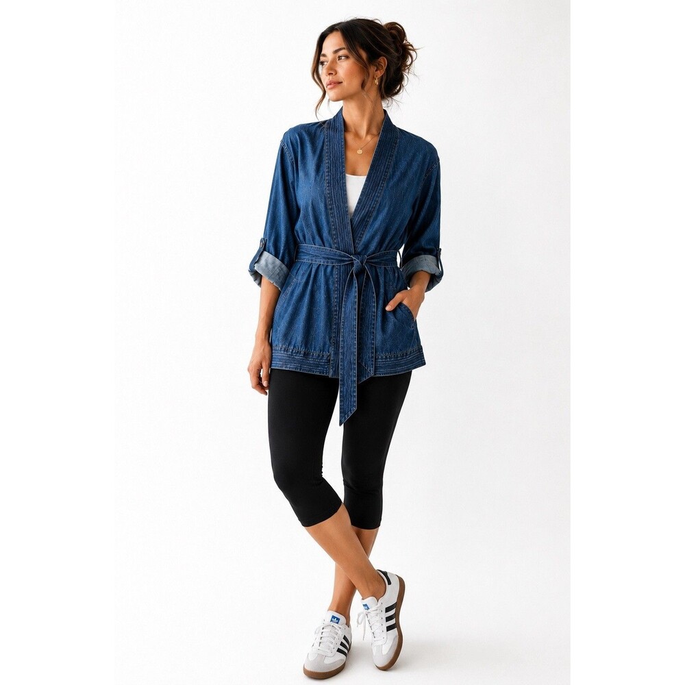 GAP 1969 Denim Kimono Wrap Jacket Belted Blue Cotton Linen Roll Tab Size L